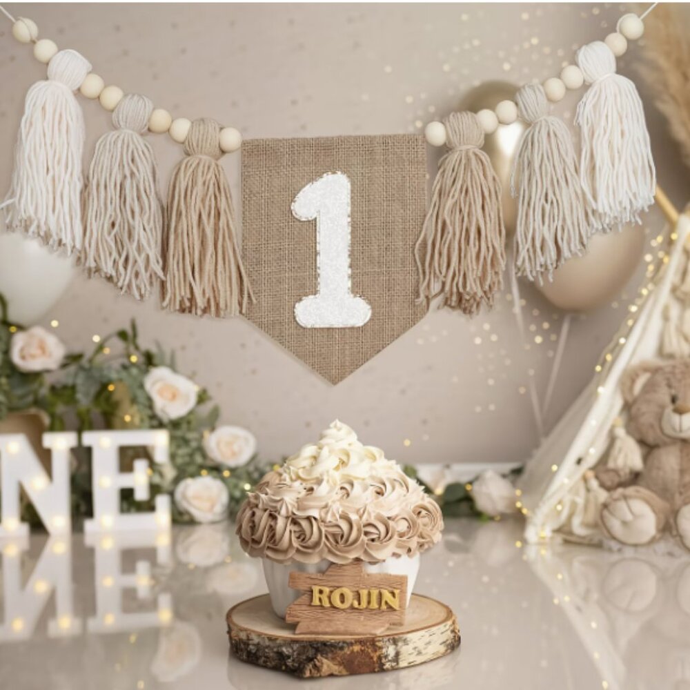 Bohemian Burlap Khaki Decorations for a First Birthday